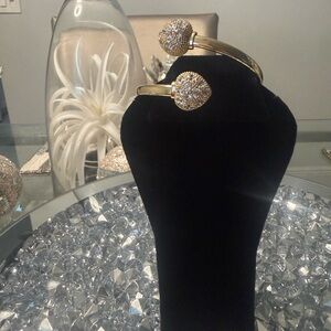 Gold Tone Crystal Ball Cuff Bracelet Pavé Rhinestone Statement Jewelry